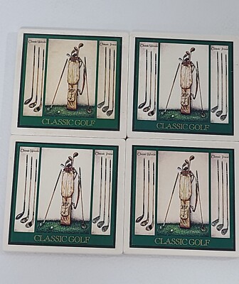 Absorbent Stone Art Coasters USA 4 Cork Back Classic Golf Woods & Irons NOTE