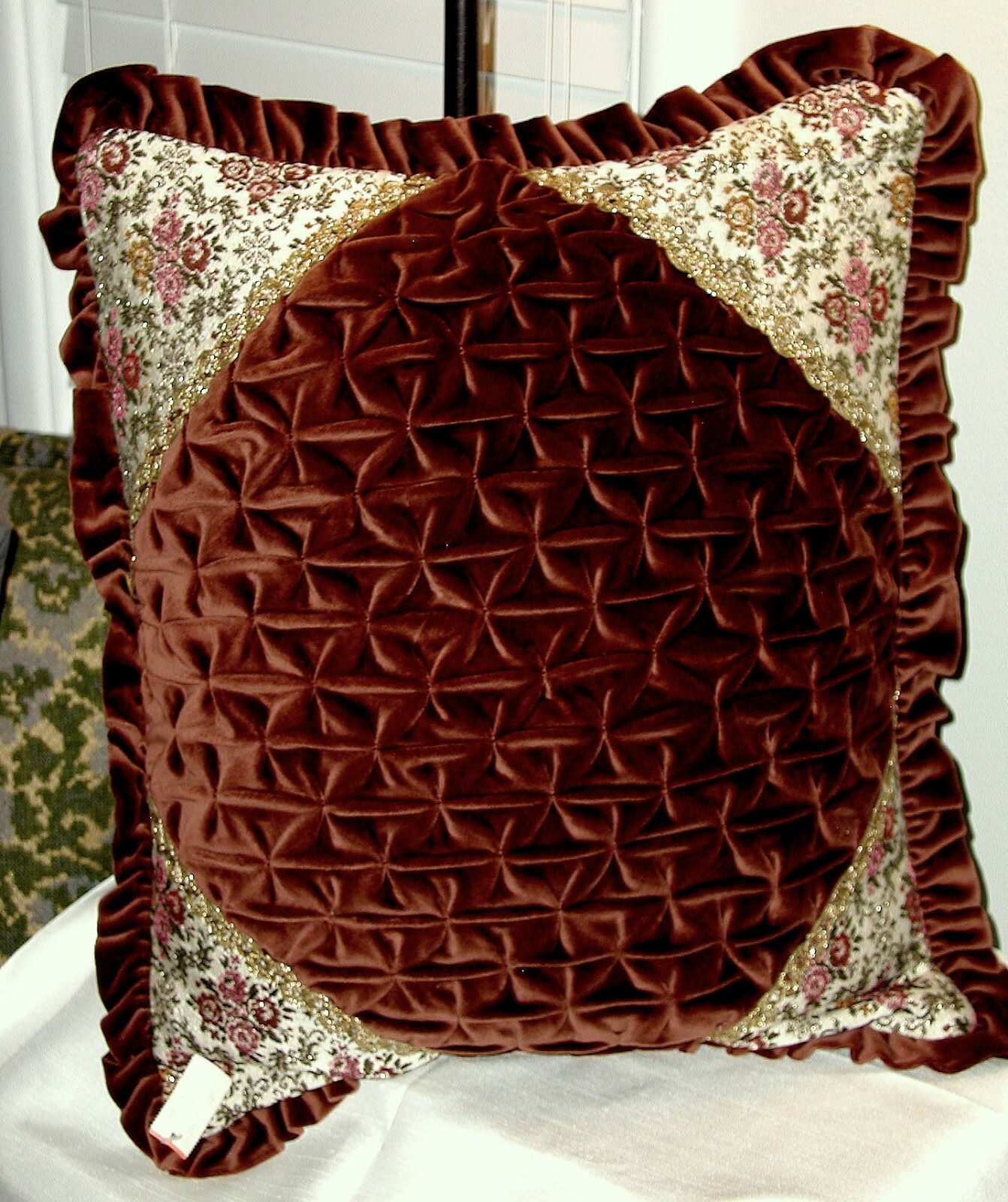 VTG Midcentury NOS Smocked Choc Brwn Velvet Pink Rose Gold Tapestry PILLOW COVER