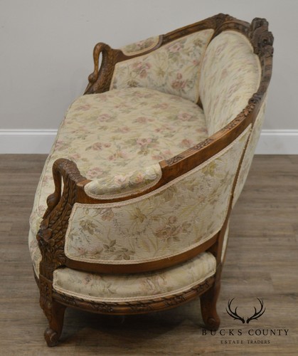 French Louis XV Style Antique Fine Swan Carved Walnut Frame Sofa