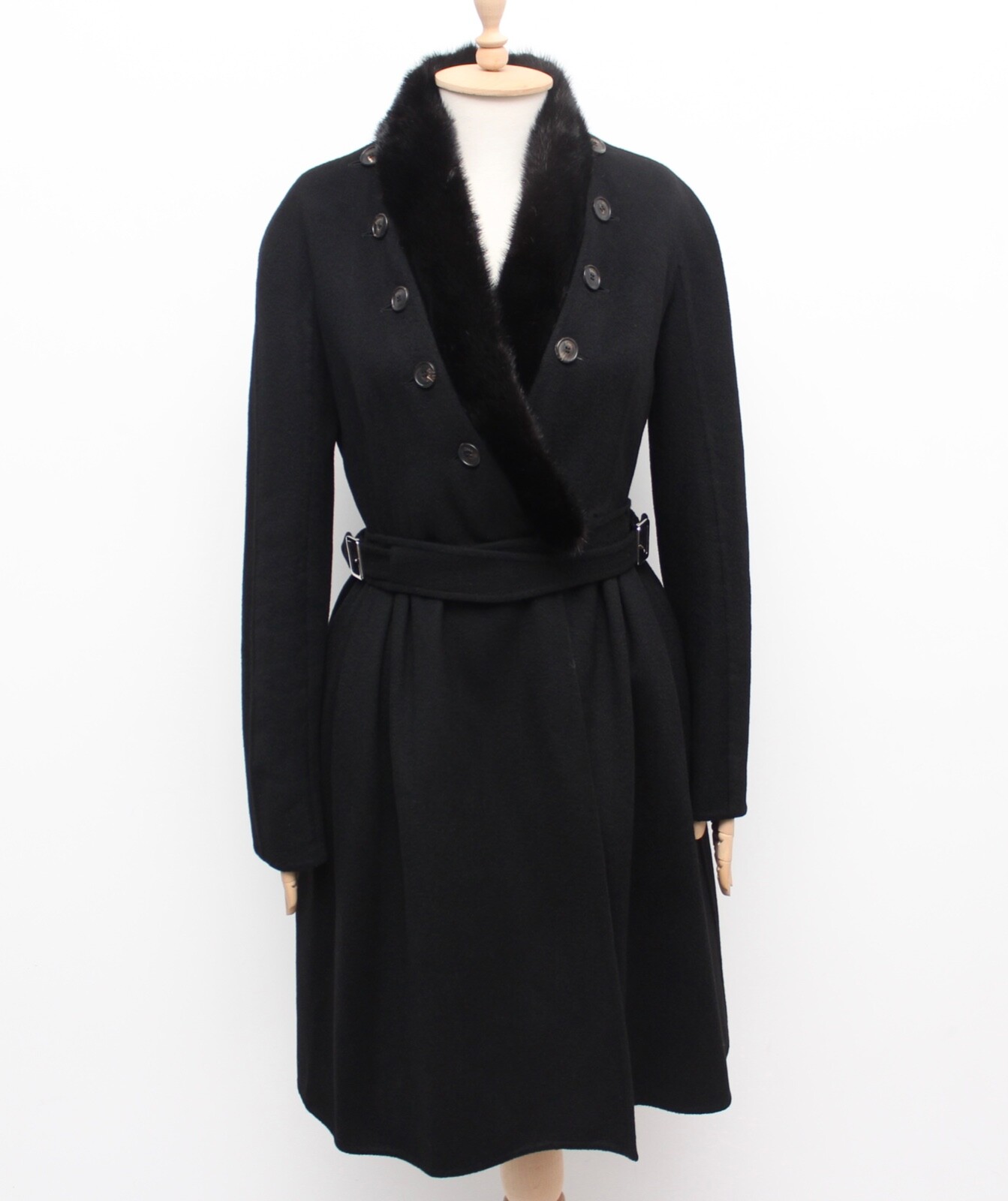 Womens CHRISTIAN DIOR Cashmere Mink Fur Trim Black Long Coat