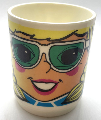 Deka Plastic Mug Girl/Lady with Blonde Braids & Green Glasses, Elizabeth NJ