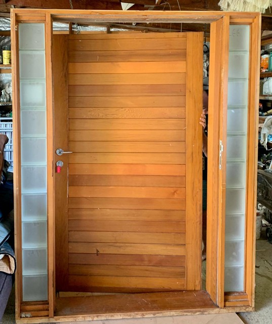 Western Red Cedar Door Entry Door &amp; Frame with glass block