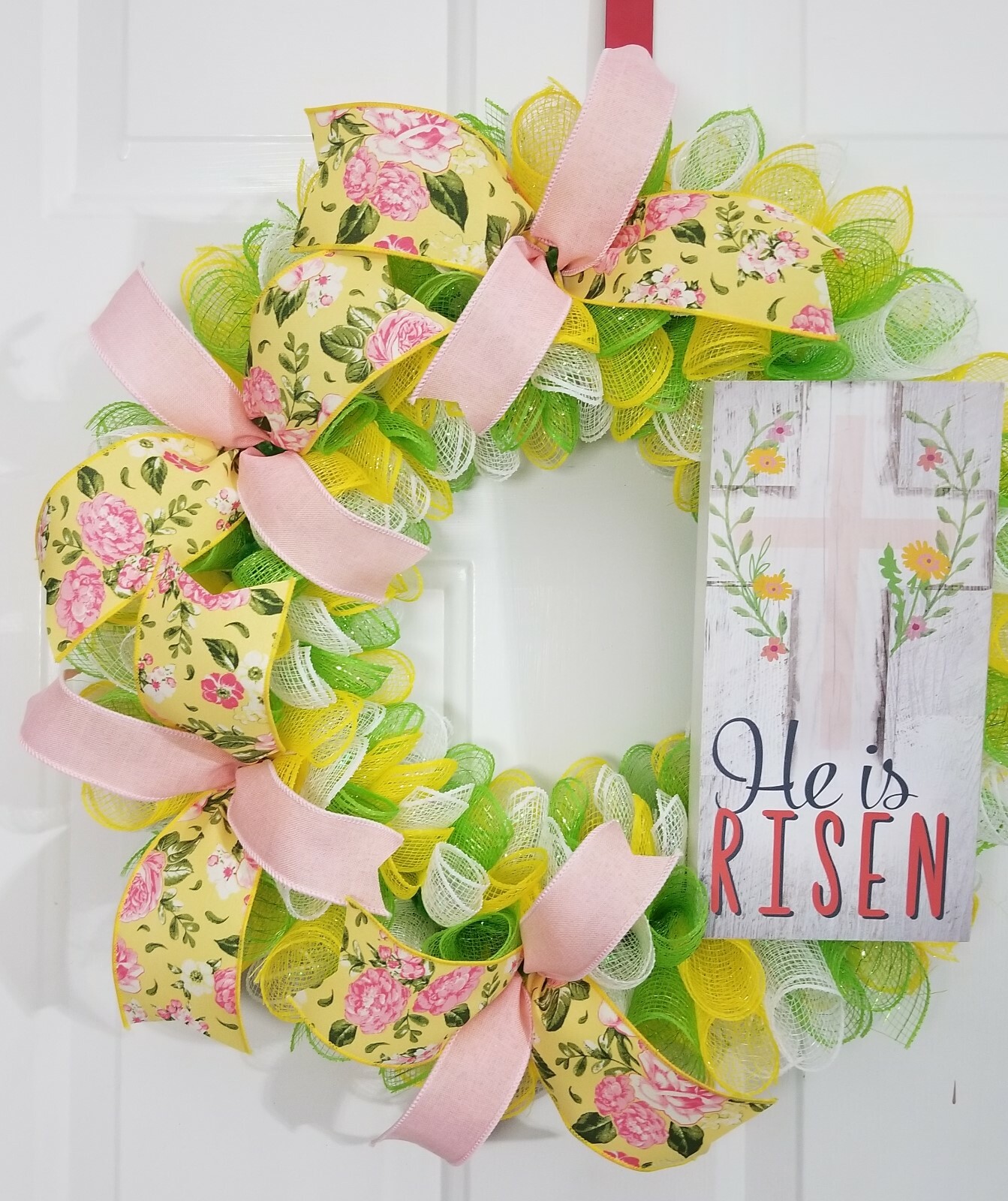 Spiral Spring Holiday Easter Jesus Religious He Is Risen Floral Deco Mesh Wreath