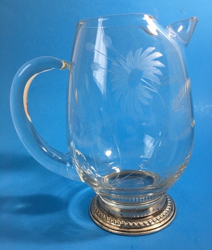 Floral and Wheat Etched Glass Pitcher with Silver Base 6.75