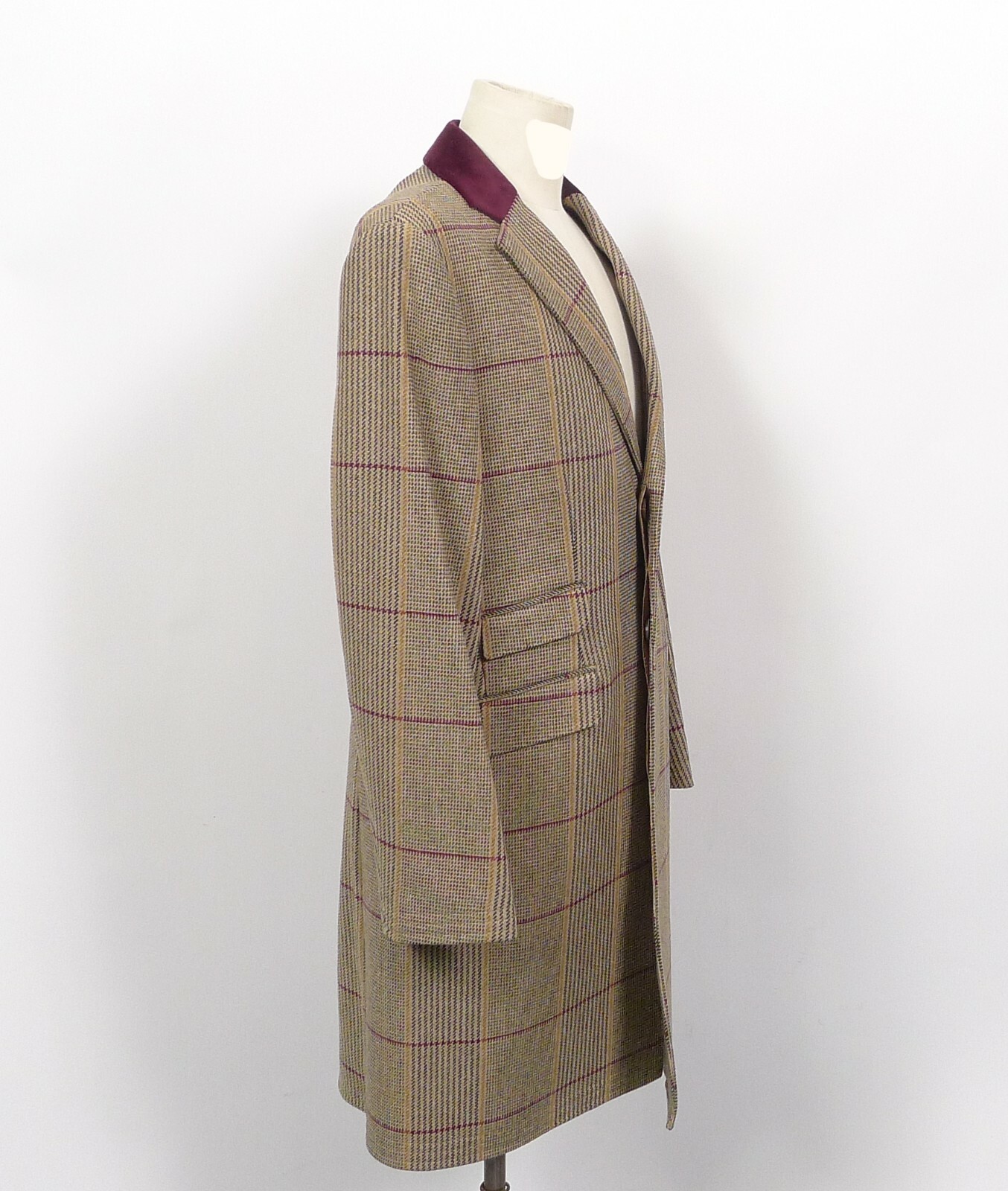 Pre-owned Crombie Top Coat Glen Check Burgundy Velvet Collar 40r Retail $1098 In Red