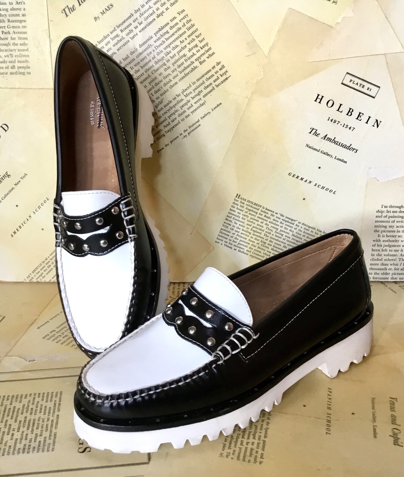 

Anthropologie Bass Weejuns Whitney 90s Stud Черно-белая кожаная подошва с выступами 6 НОВИНКА, Черный, Bass Whitney 90's Stud