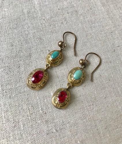Vintage Antique Georgian Turquoise and Pink Tourmaline Hanging Earrings, UK
