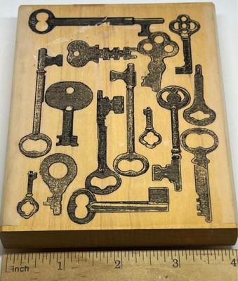 Antique SKELETON KEYS BACKGROUND RIVER CITY RUBBER WORKS RUBBER STAMP vintage