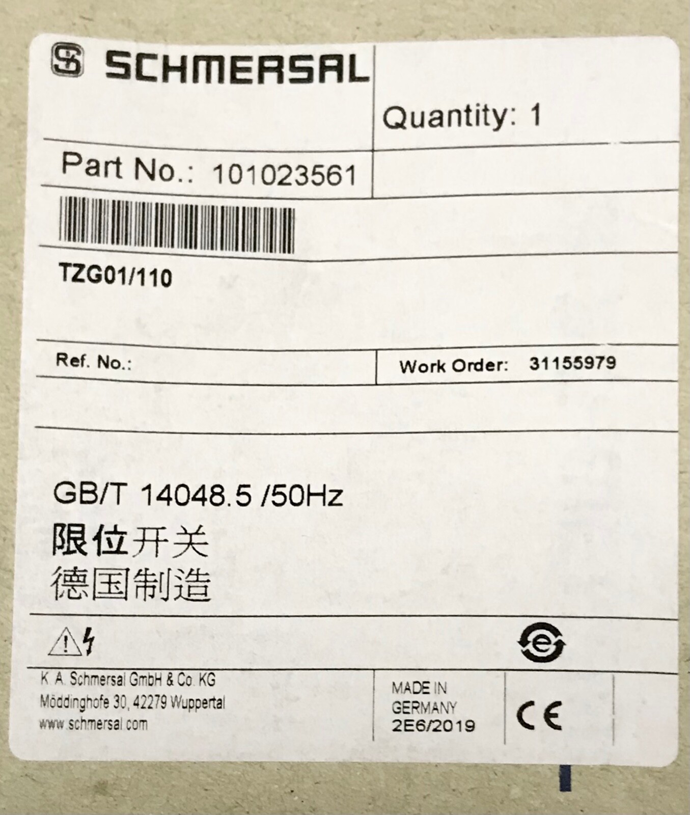 SCHMERSAL 101023561 GB/T 14048.5 50 Hz Interlock Safety SCHMERSAL 101023561 GB/T 14048.5 50 Hz Interlock Safety