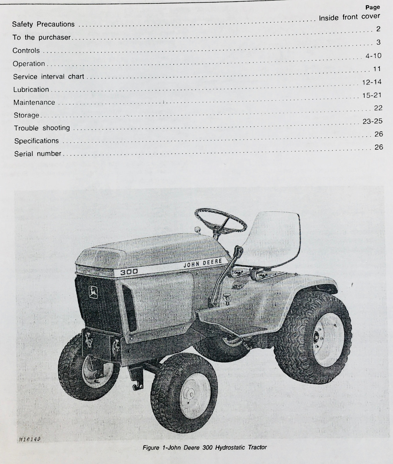 OPERATORS MANUAL FOR JOHN DEERE 300 LAWN GARDEN TRACTOR HYDROSTATIC S