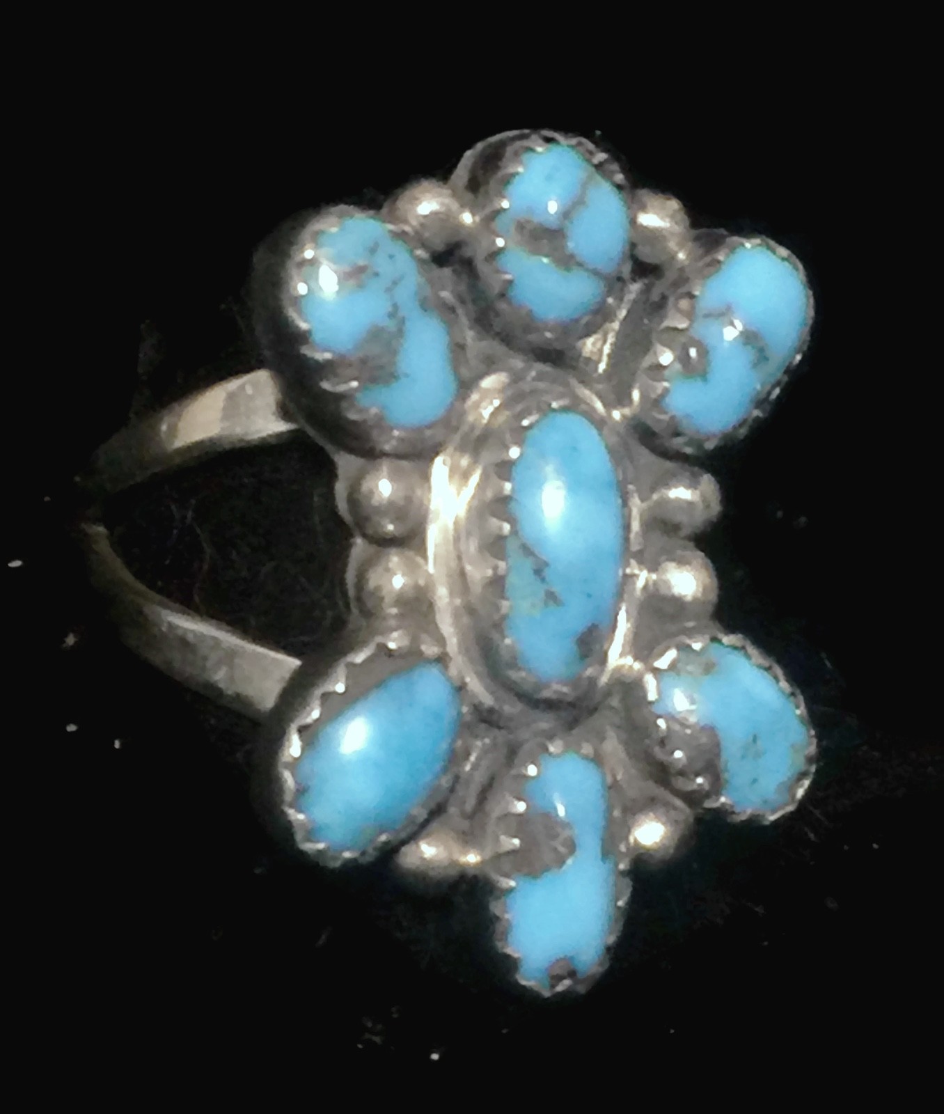 Vintage Flower Turquoise Petite Point Southwest Sterling Silver Ring Size 8.75