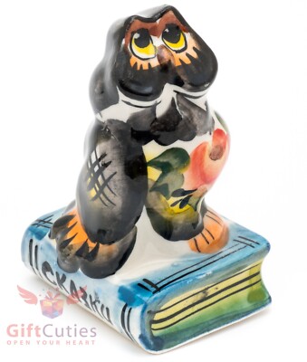 Porcelain Owl on fairy tales book Figurine multi colors handmade in gzhel style