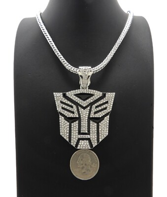 NEW ICE BLING AUTO BOT PENDANT & 30'' 4mm FRANCO CHAIN WHITE GOLD PLATED