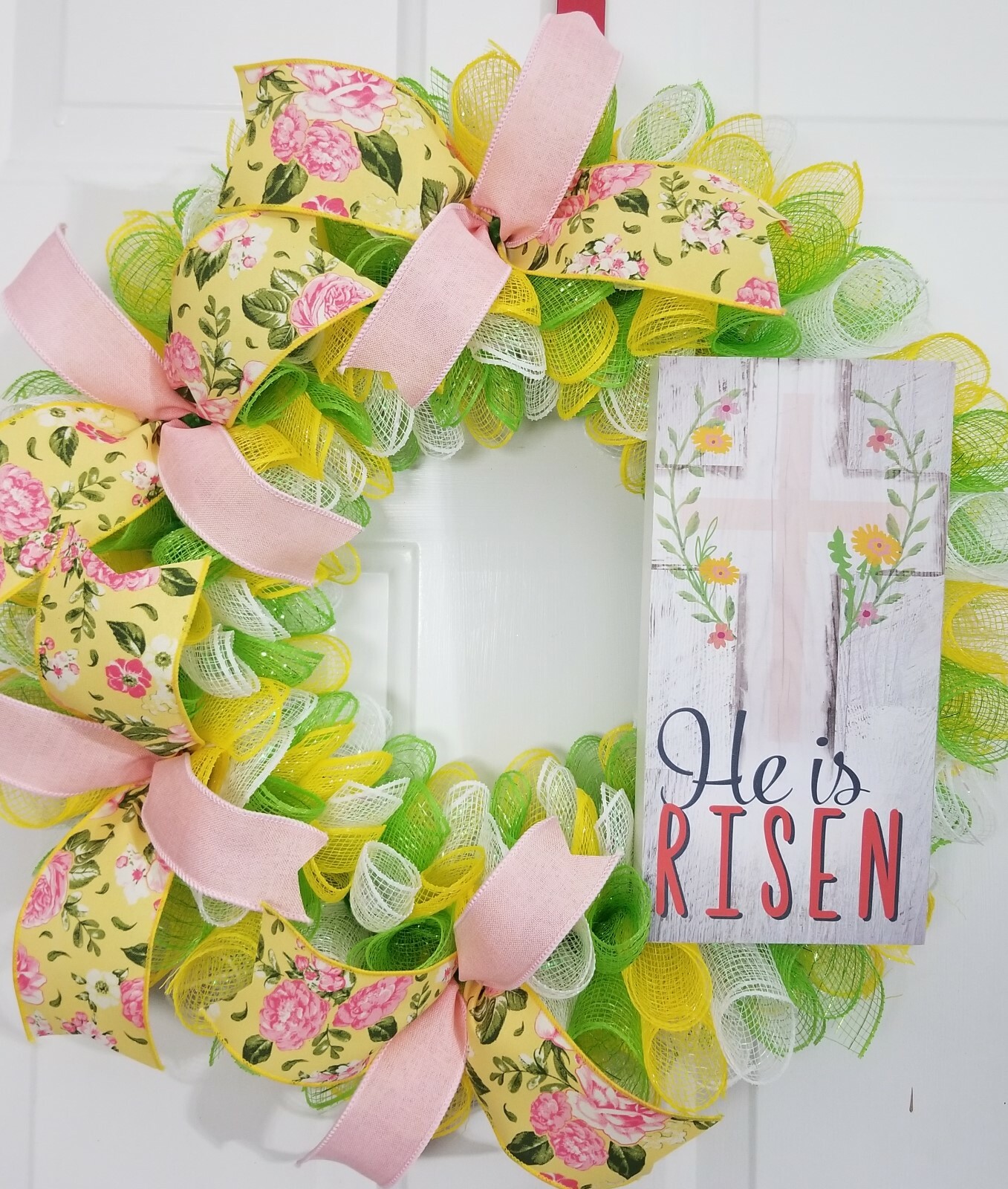 Spiral Spring Holiday Easter Jesus Religious He Is Risen Floral Deco Mesh Wreath