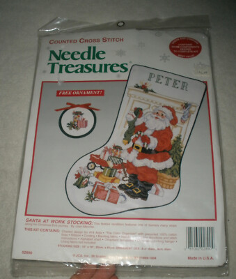Needle Treasures SANTA AT WORK Cross Stitch Stocking Kit 02890 w/ ornament SEALD