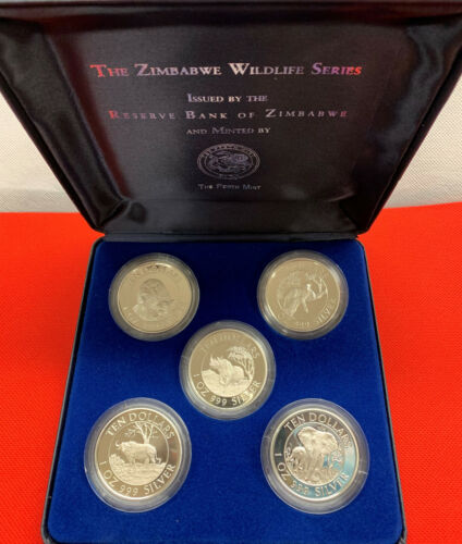 Zimbabwe 1996 Wildlife Series Proof Coin Set of 5 Coins Ten Dollars .999 5 OZ