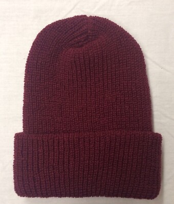 Made in USA Burgundy Warm Knit Roll Watch Cap Knitted Beanie Hat Winter Unisex