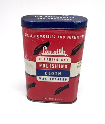 VINTAGE  '' LAS-STIK '' CLEANING &  POLISHING CLOTH TIN WITH CLOTH AUTO CLUB
