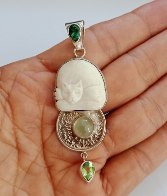 Cat Face Carving Green quartz,Peridot ,Aquamarin 925 Sterling Silver Pendant
