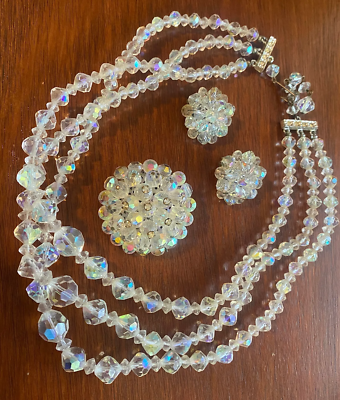Vintage Glass AB Aurora Borealis Jewelry Set Necklace Brooch Earrings
