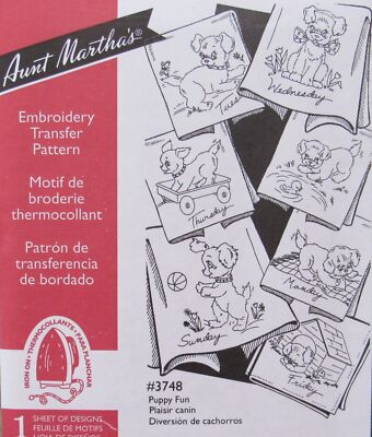 Aunt Marthas 3748 PUPPY Fun Darling Days of Week Embroidery Transfer Pattern NEW