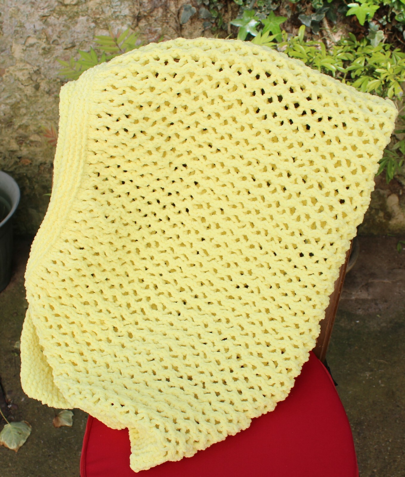 Beautiful hand knitted Chenielle cot blanket- Lemon Yellow Open Lace pattern.