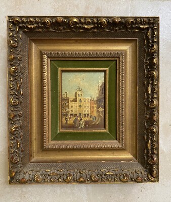 PIAZZA SAN MARCO, ADELCHI GROSSI, ANTIQUE MINIATURE PAINTING ON CANVAS, FRAMED