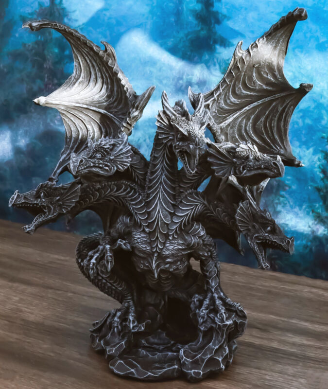 Gothic Faux Stone Ancient Legendary Five Headed Dragon Hydra Roaring Figurine