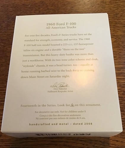 New In Box, 2008 Hallmark 1960 Ford F-100 Pickup Christmas Ornament