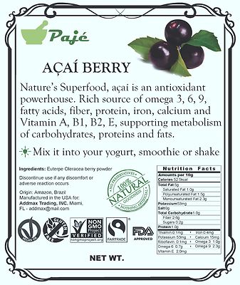 ACAI Assai powder berry 16oz 1lb Superfood, anti-aging, protein, fib, OMeg3 PAJE