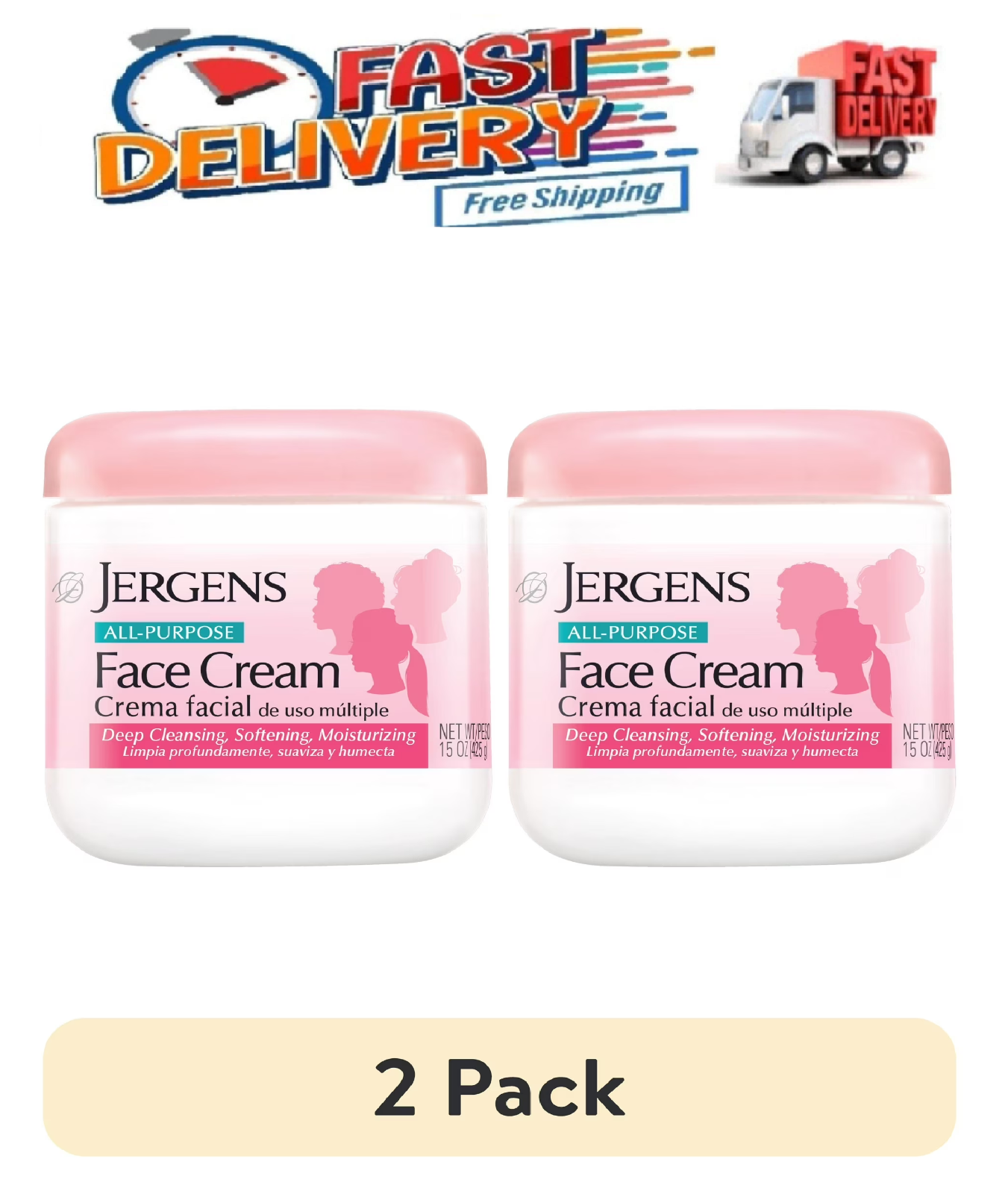 2-Pack Jergens All Purpose Face Cream Moisturizer Lotion, 15 fl oz