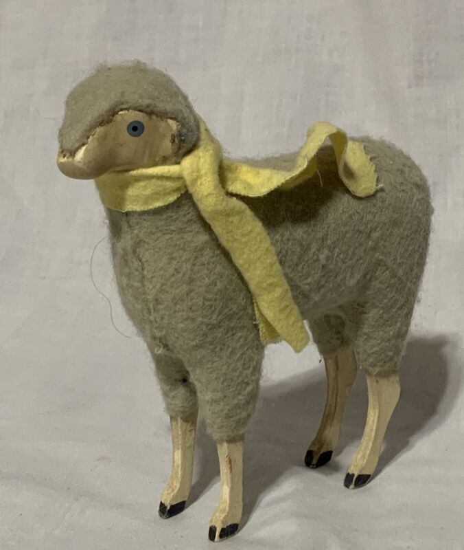 Lamb Sheep Toy Decor Wood Face & Legs Wool Felt Covering 5.5” Tall 6” long 2” W