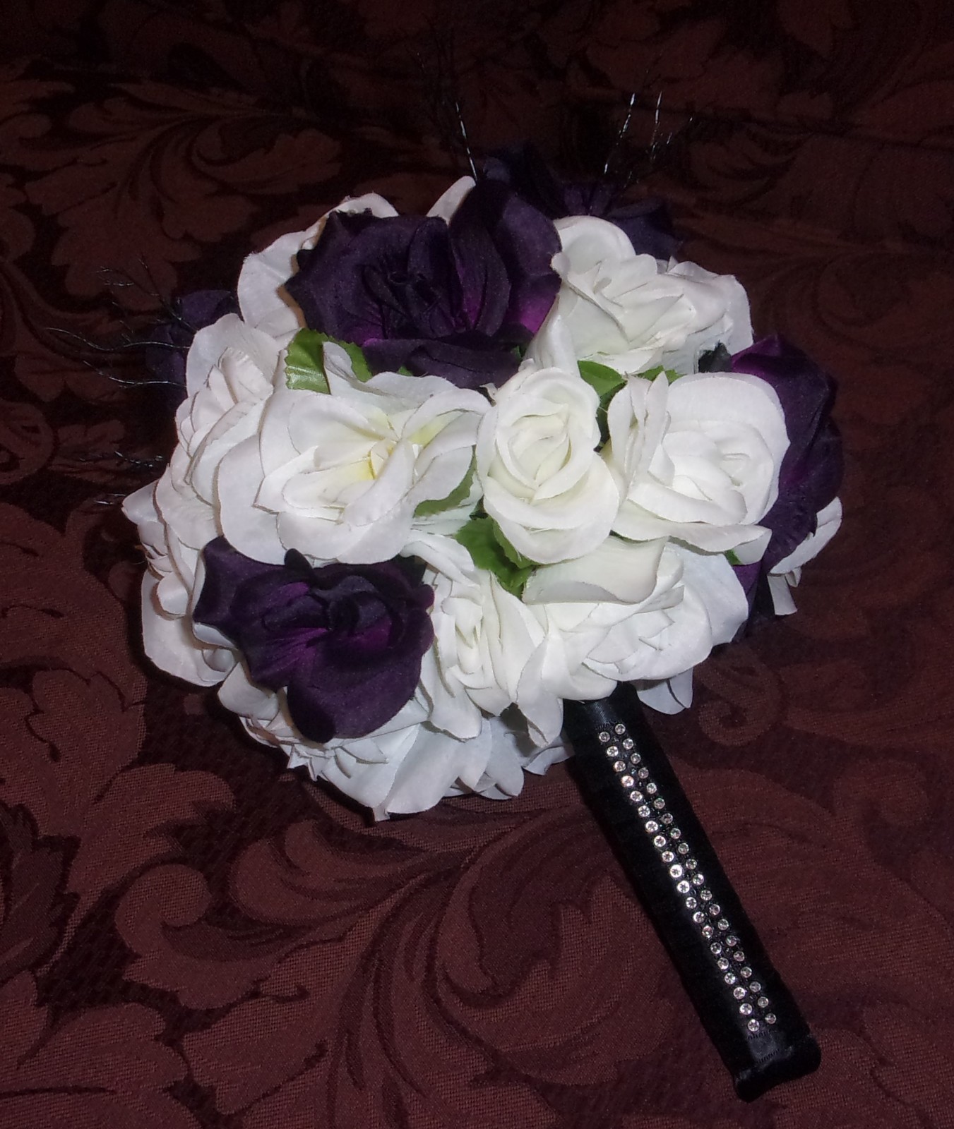 Wedding Bouquet Deep purple, white roses, satin handle with silver crystal