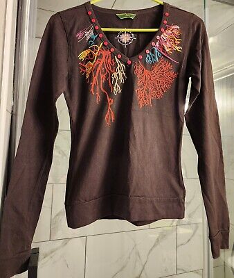 Oilily NWOT RARE, ART SERIES, Brown Embroidered Color Coral, V Neck L/S Top SzS