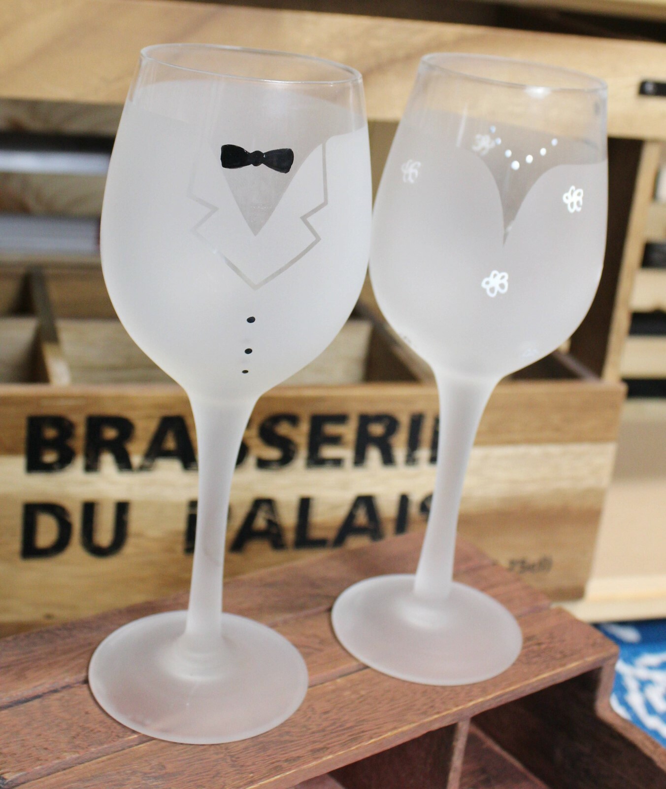 Bride and Groom Frosted Wine Toasting Goblets Tux and Gown Gift Keepsake