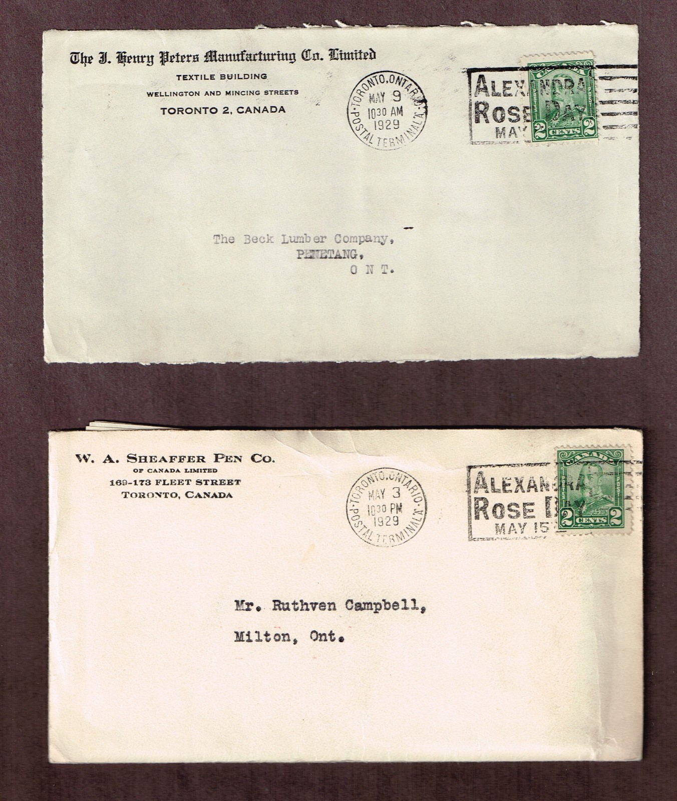 Canada 1927-29,5 Slogan covers re: 'ROSE DAY' Toronto #A-300 (2), #R-310 (3)