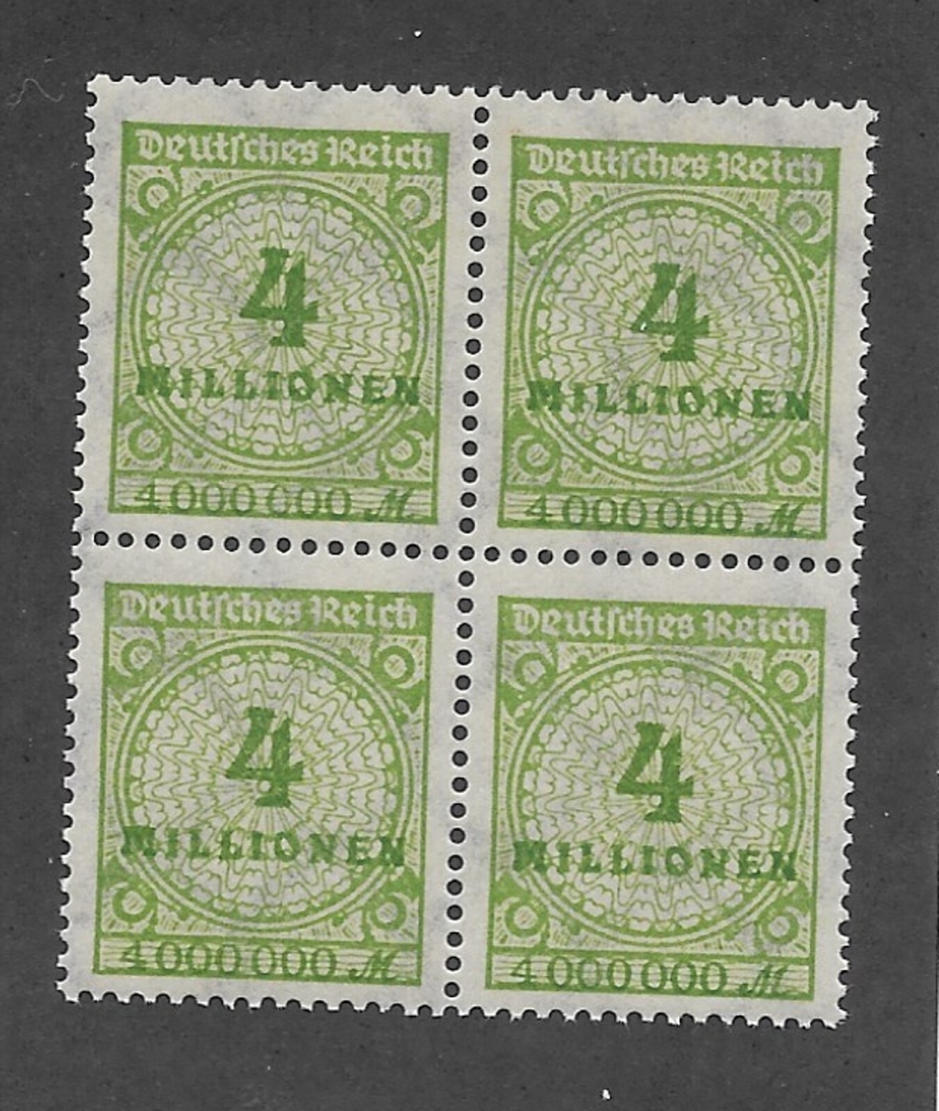 MNH block Overprint Blue-green 4 Million Scott #284 Weimar