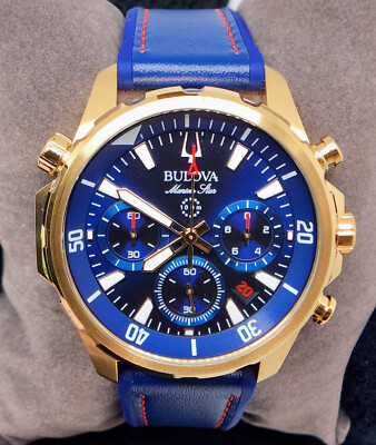 Bulova Marine Star Blue Dial 97B168 Gold Tone Silicone Strap Men's Watch
