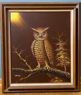 Great Horned Owl On Branch Shilto Signed Oil Painting On Canvas 30x16 Vintage