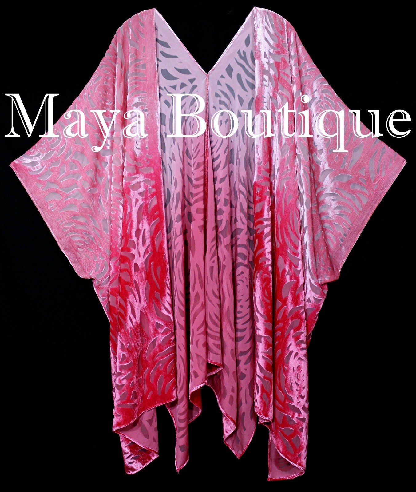 Pre-owned Maya Matazaro Coral Ombre Camellia Burnout Velvet Caftan Kimono Jacket Hand Dyed In Pink