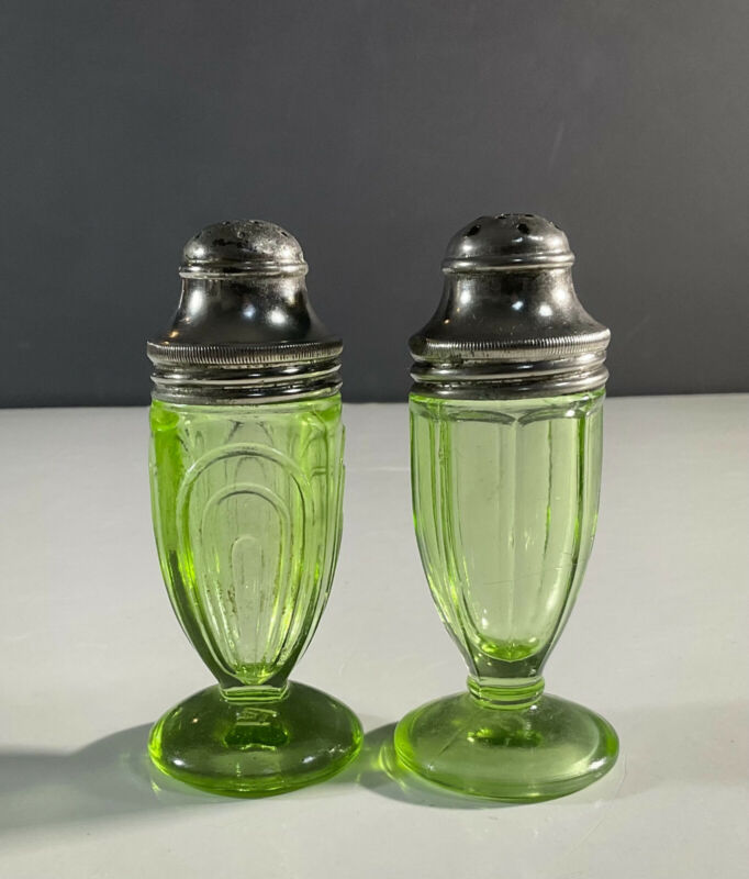 Hazel Atlas Footed Uranium Glass Salt & Pepper Shakers Depression Vaseline