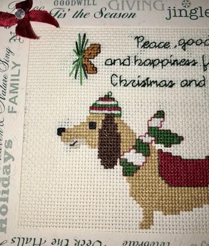 Cross Stitched Dapper Dachshund Christmas Card