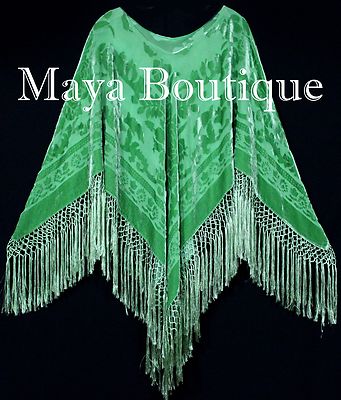 Pre-owned Maya Matazaro Green Silk Burnout Velvet Poncho Fringe Top Shawl Hand Dyed