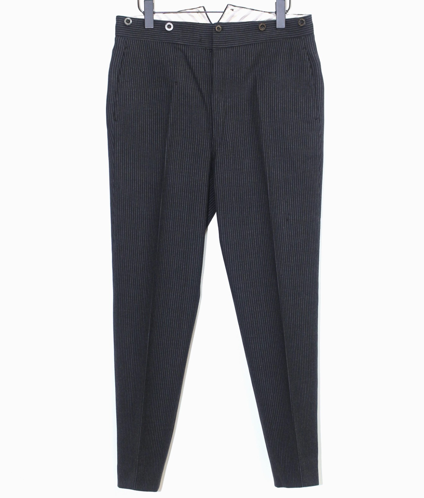 French Antique Dark Grey Striped Wool Buckle Back Tailored French Antique Dark Grey Striped Wool Buckle Back Tailored