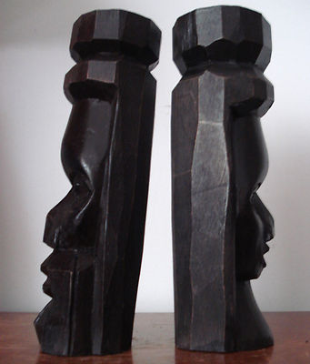 PAIR OF HAND CARVED (MAN & WOMAN) JAMAICAN WOODEN TIKI HEADS