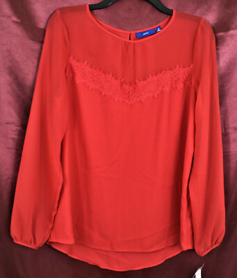 APT.9 Long Sheer Sleeve Scoop Neck Keyhole Lace Shirt Blouse Top Red Tango M