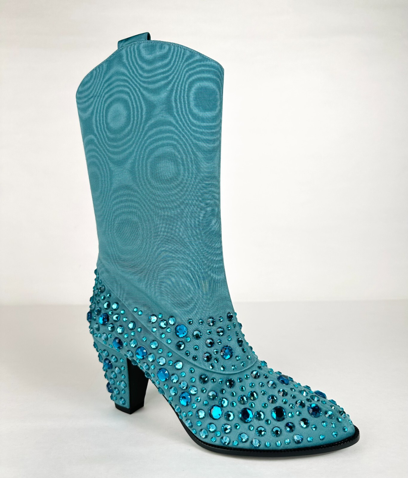 Pre-owned Gucci Women's Sea Green Jacquard Cowboy Boots With Crystals 631268 3720