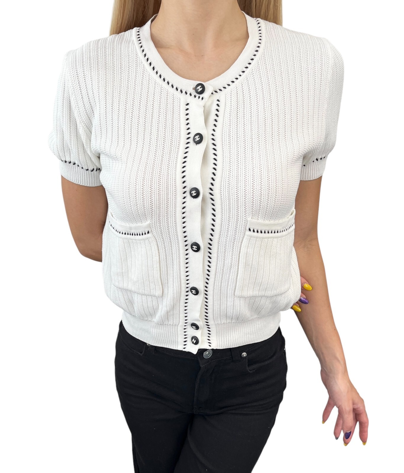 CHANEL Vintage 96P CC Logo Rib Knit Cardigan Top #40 Short
