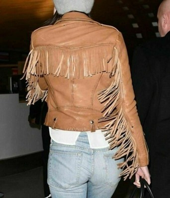 MARKENLOS DAMEN ECHTES LAMMFELL BIKERJACKE BRAUNES LEDER SLIM FIT STILVOLLE JACKE