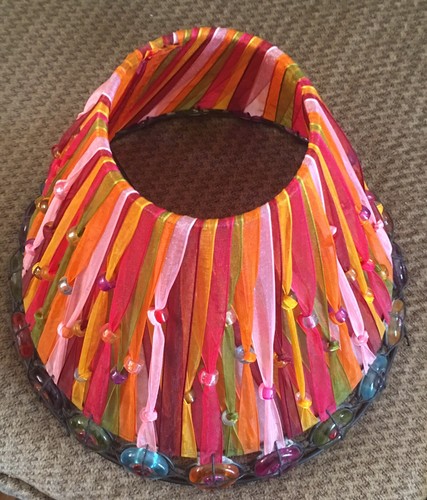 Beautiful Table Bell Lamp Shade Fabric and Beads Pink Orange Purple 8.5x10”